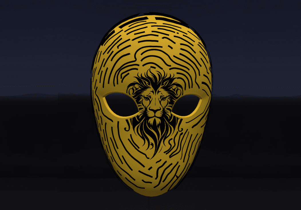 Gold colored mask with a lion image and stripes on it