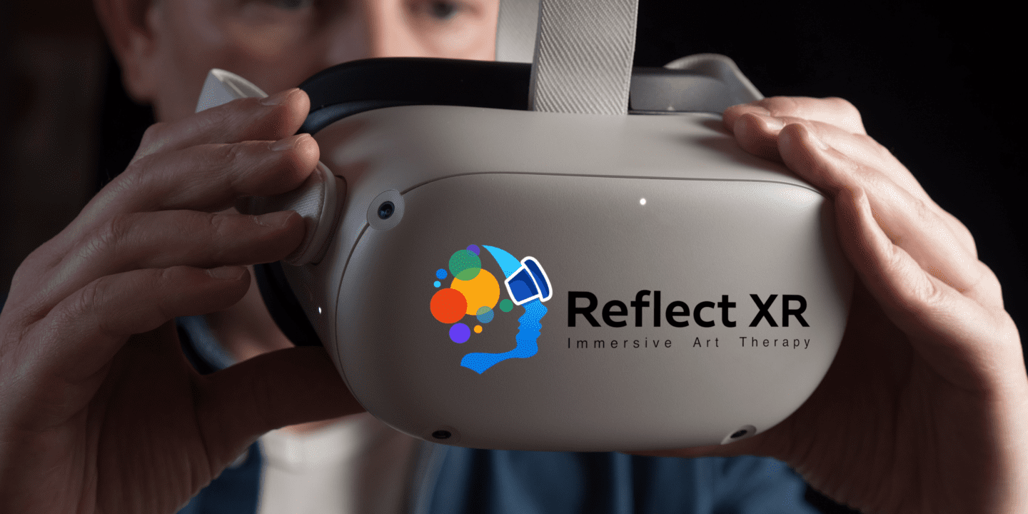 Man holding VR headset with the Reflect XR logo stating Immersive art therapy